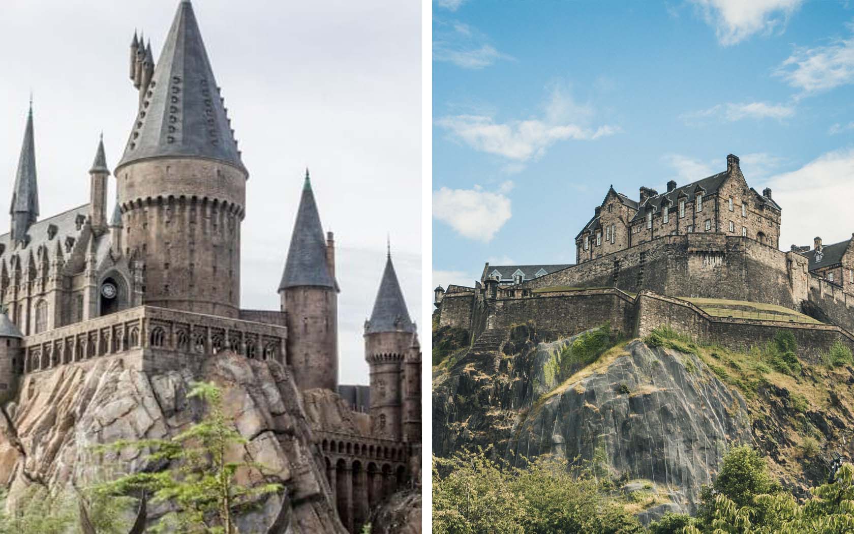 Harry Potter tour of Edinburgh, Hogwarts Castle and Edinburgh Castle side by side.