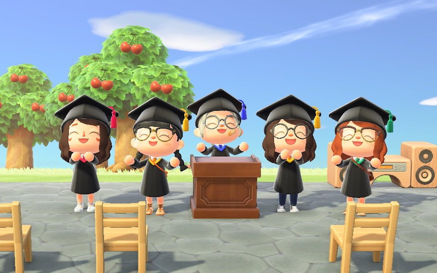 A screenshot from Animal Crossing: New Horizons of one user's graduation ceremony