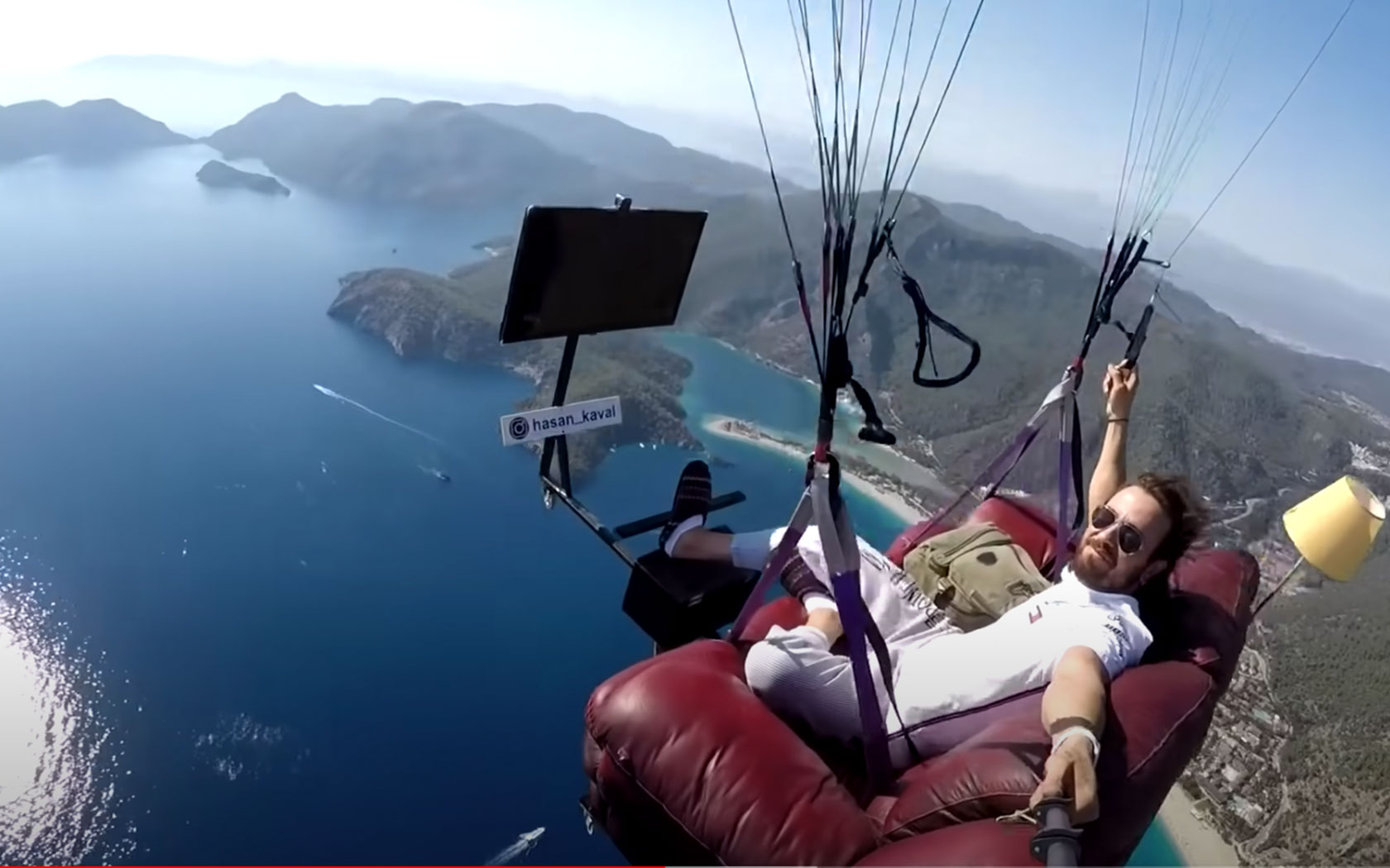 Hasan Kaval flew his paragliding couch over the ocean.