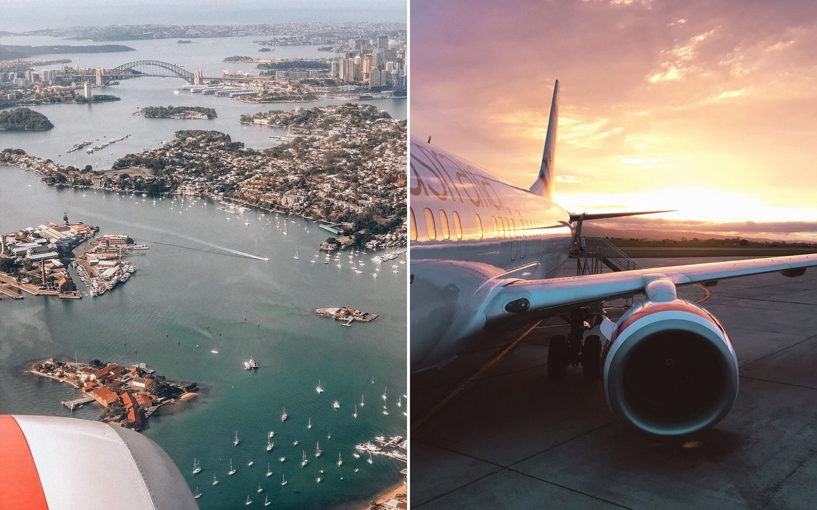 looking at sydney harbour from window of plane and a wing shot of a virgin australia airplane grounded at sunset