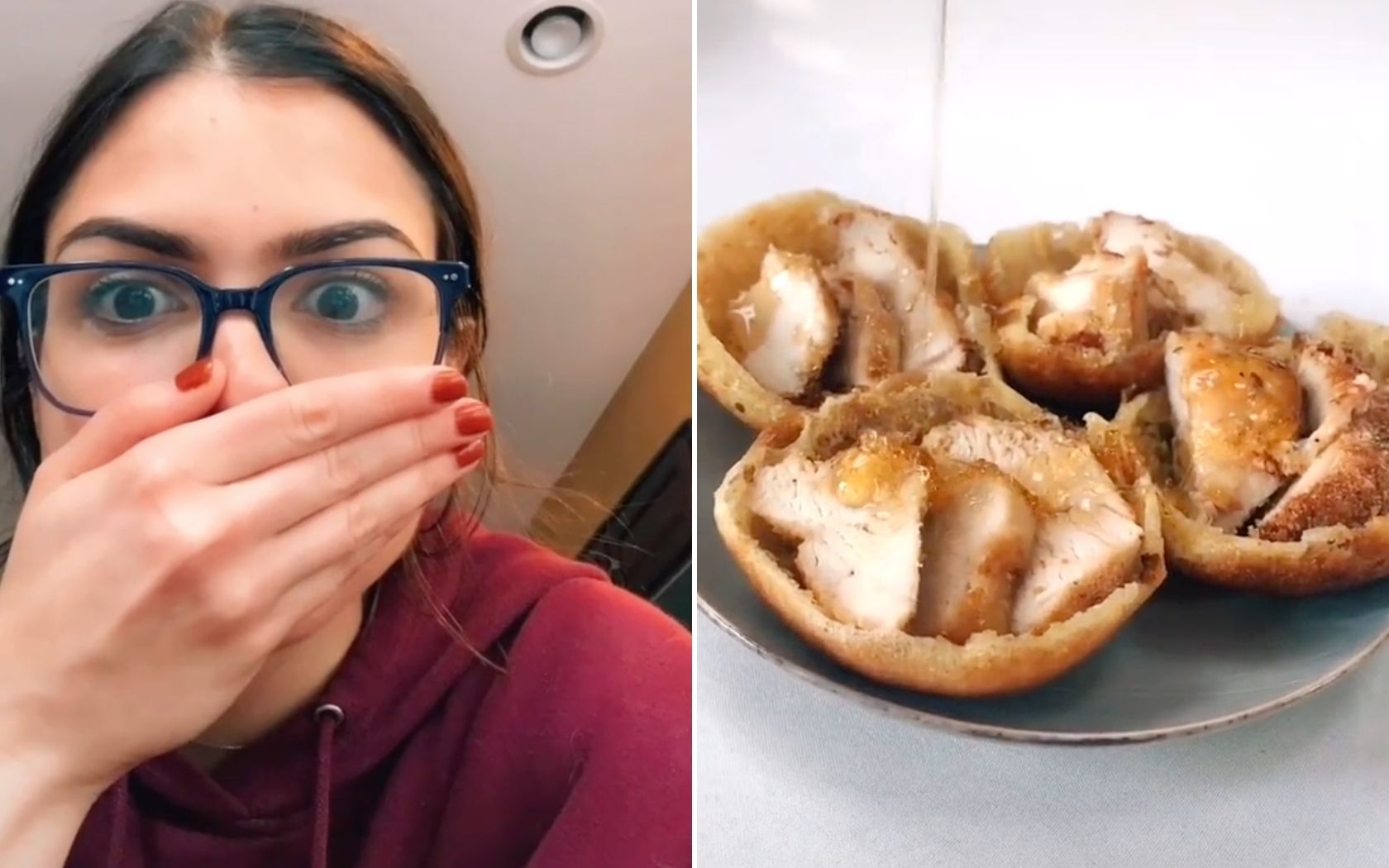 Woman shocked with hand over mouth next to little pancake batter cups of fried chicken with maple syrup from a Tiktok Hack